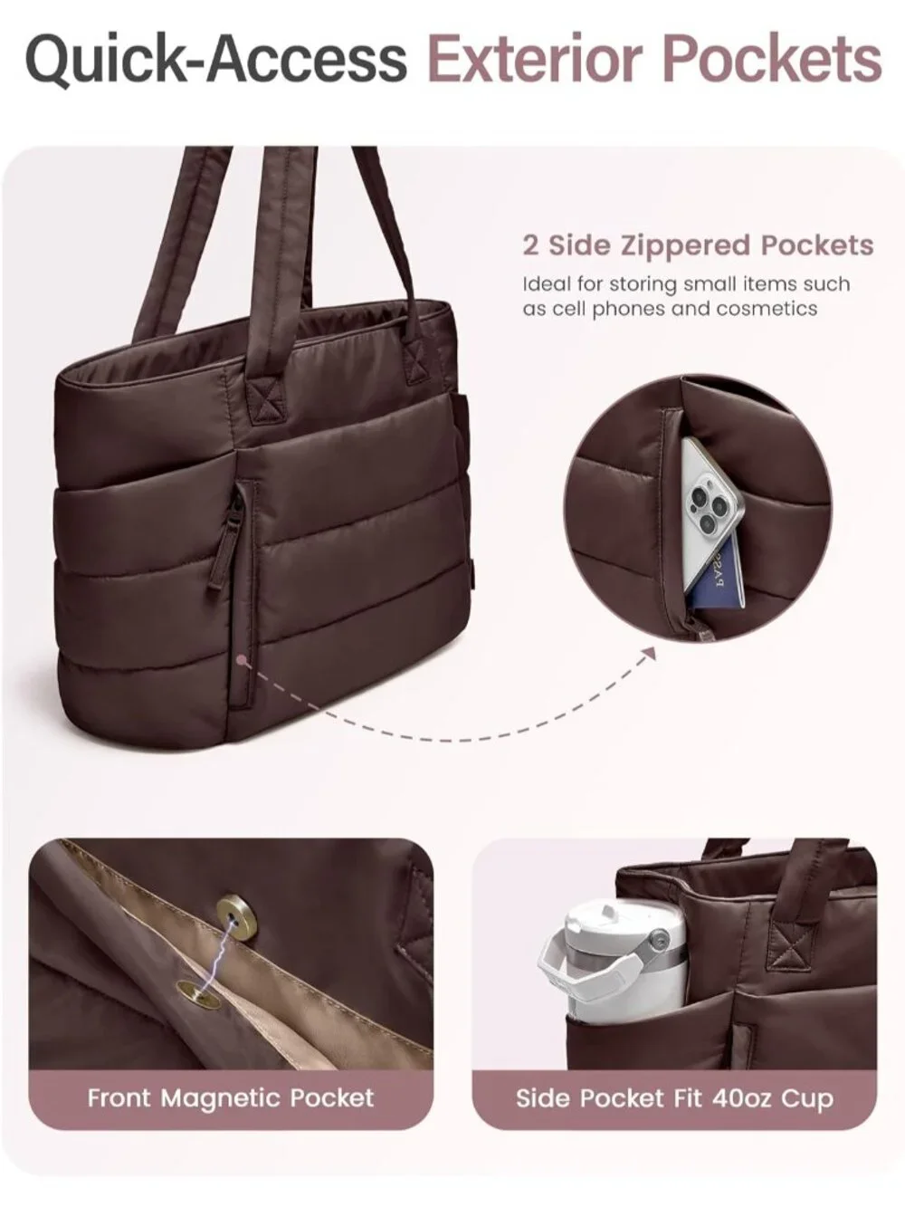 👜Women's Dark Brown Quilted Puffer Tote Bag Zipper Work Bag With Compartments